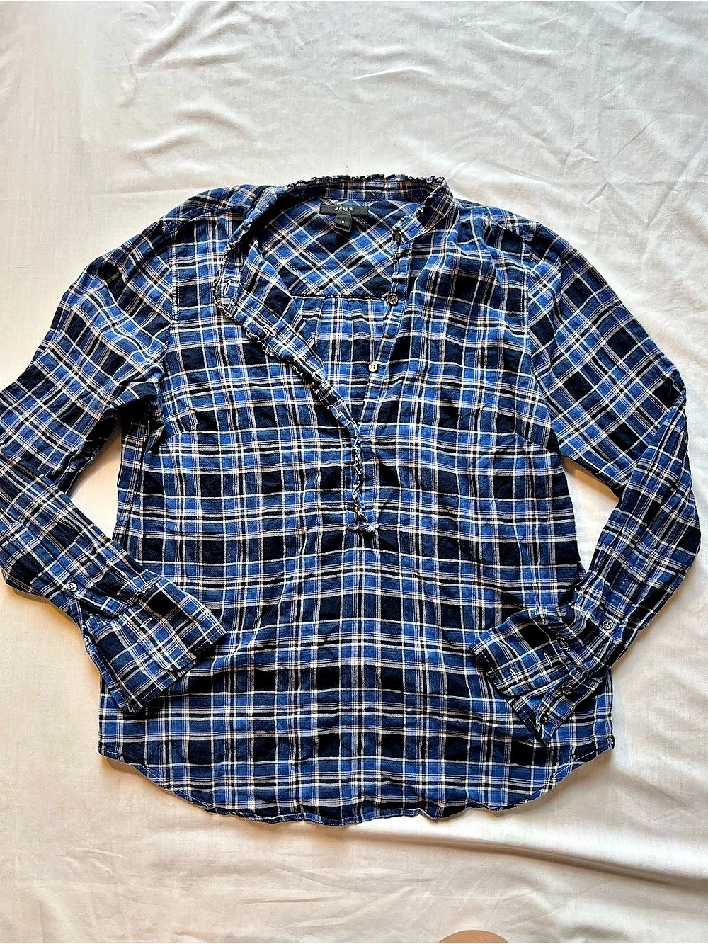 J.Crew Ruffle-Collar Plaid Popover Shirt Blue & White